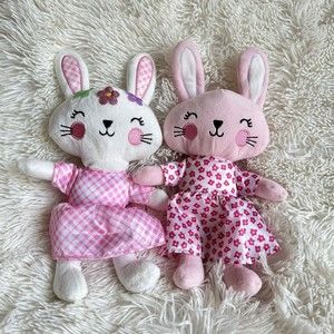 LOT OF 2 Happy Go Fluffy 11" Plush Bunnies. 1 Pink, 1 White.